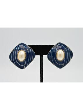 TAT Vintage Pearl Navy Blue Enamel Earrings Silver Chunky 1.5" Signed 1980s BinU